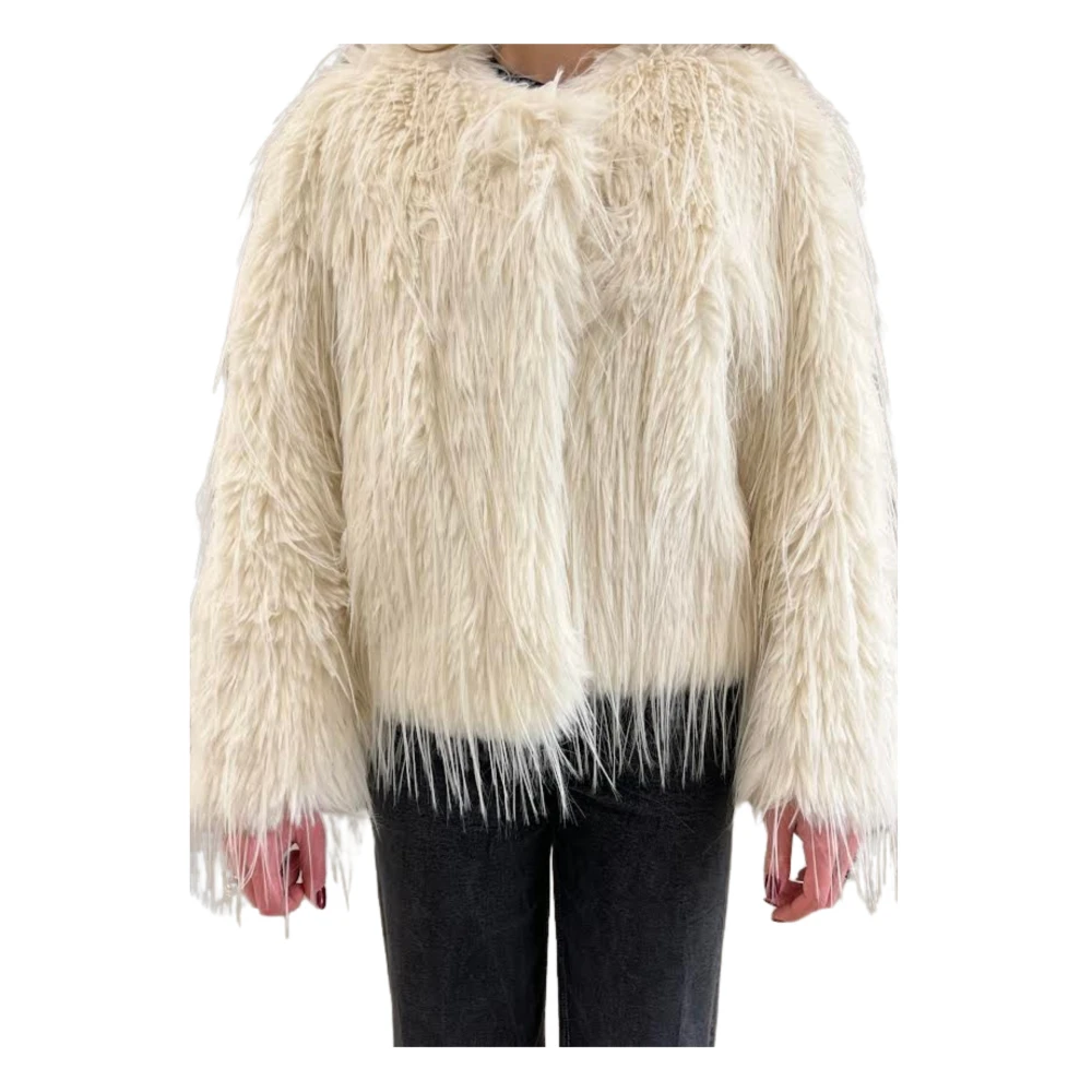 Meimeij Women's Beige Ecopellicia Corta Con Pelo Lungo