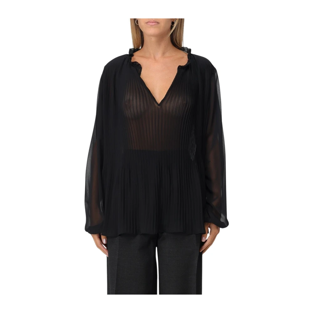 Aspesi Georgette Crop Top met Pofmouwen Black Dames