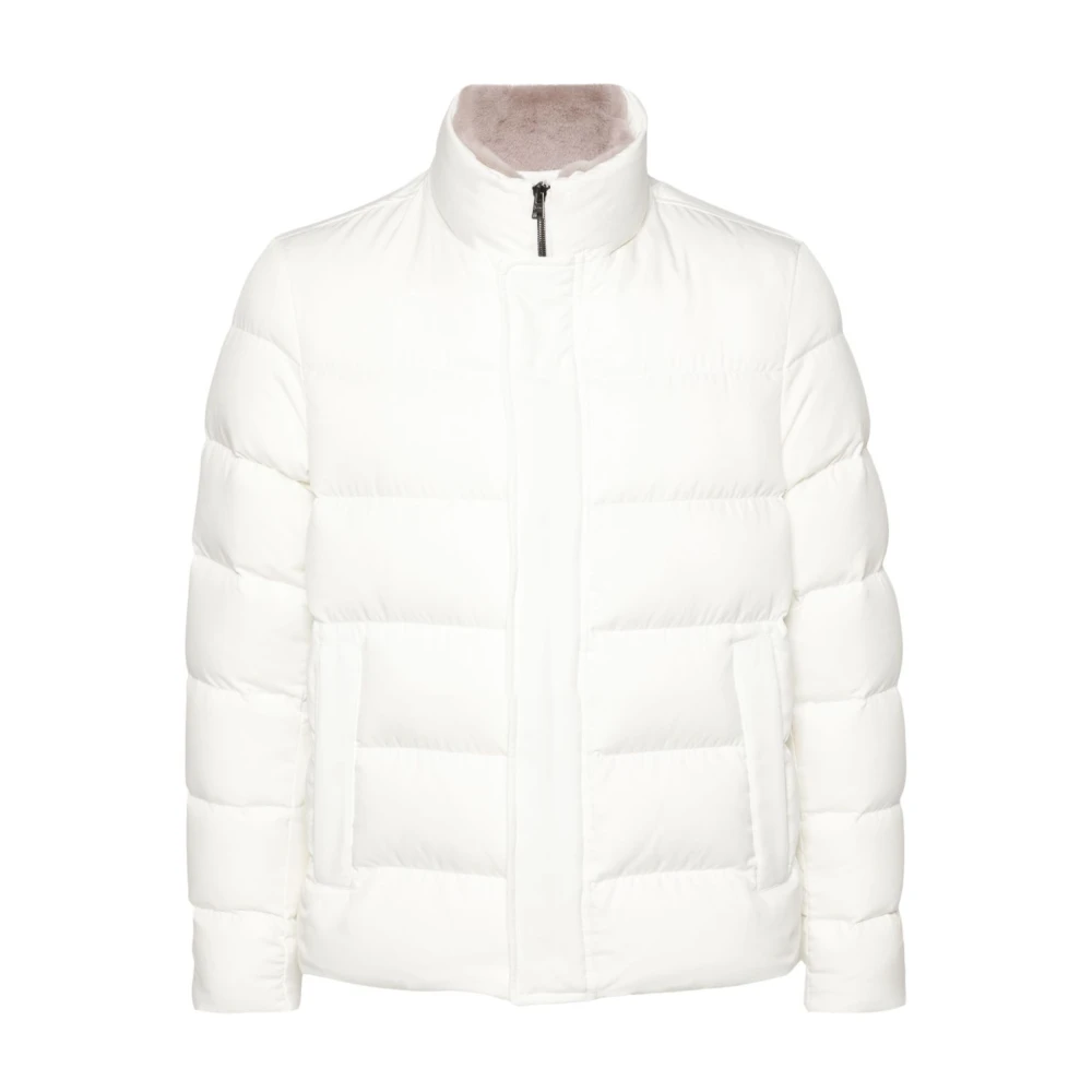 Herno Men's White Quilted Down Jacket With Faux Fur Collar