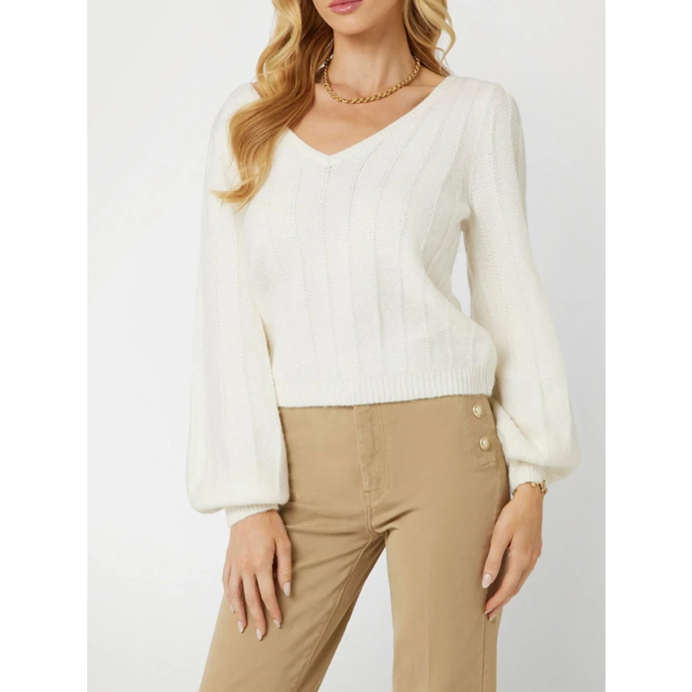 Guess Witte V-hals trui met pofmouwen White Dames