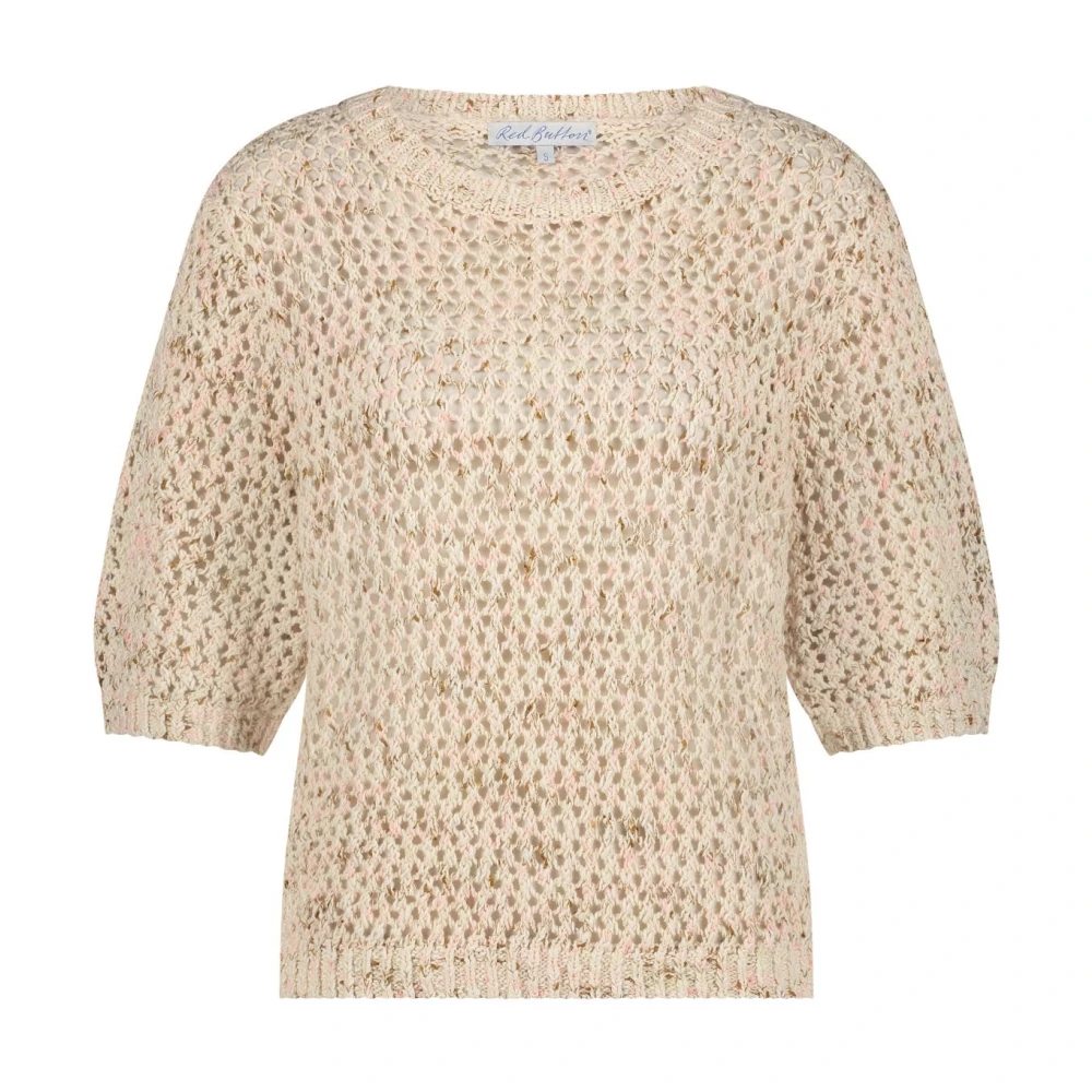 Red Button Melange Gebreide Top met Pofmouwen Beige Dames