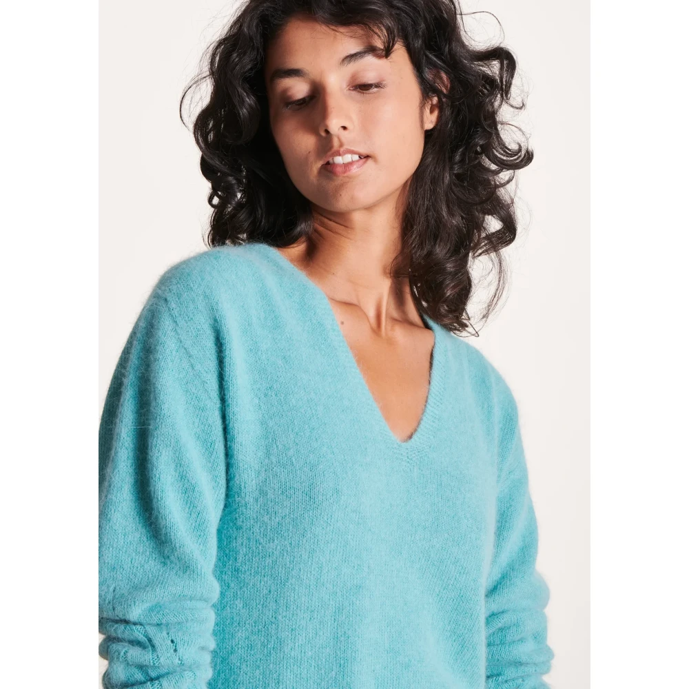 La Fée Maraboutée Angora V-hals trui boxy stijl Blue Dames
