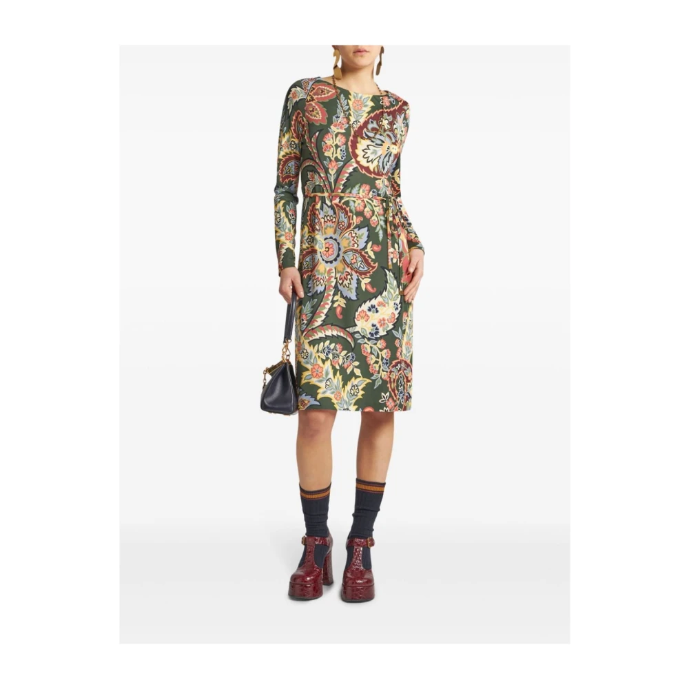 ETRO Groene Abstract Patroon Jurk met Riem Multicolor Dames