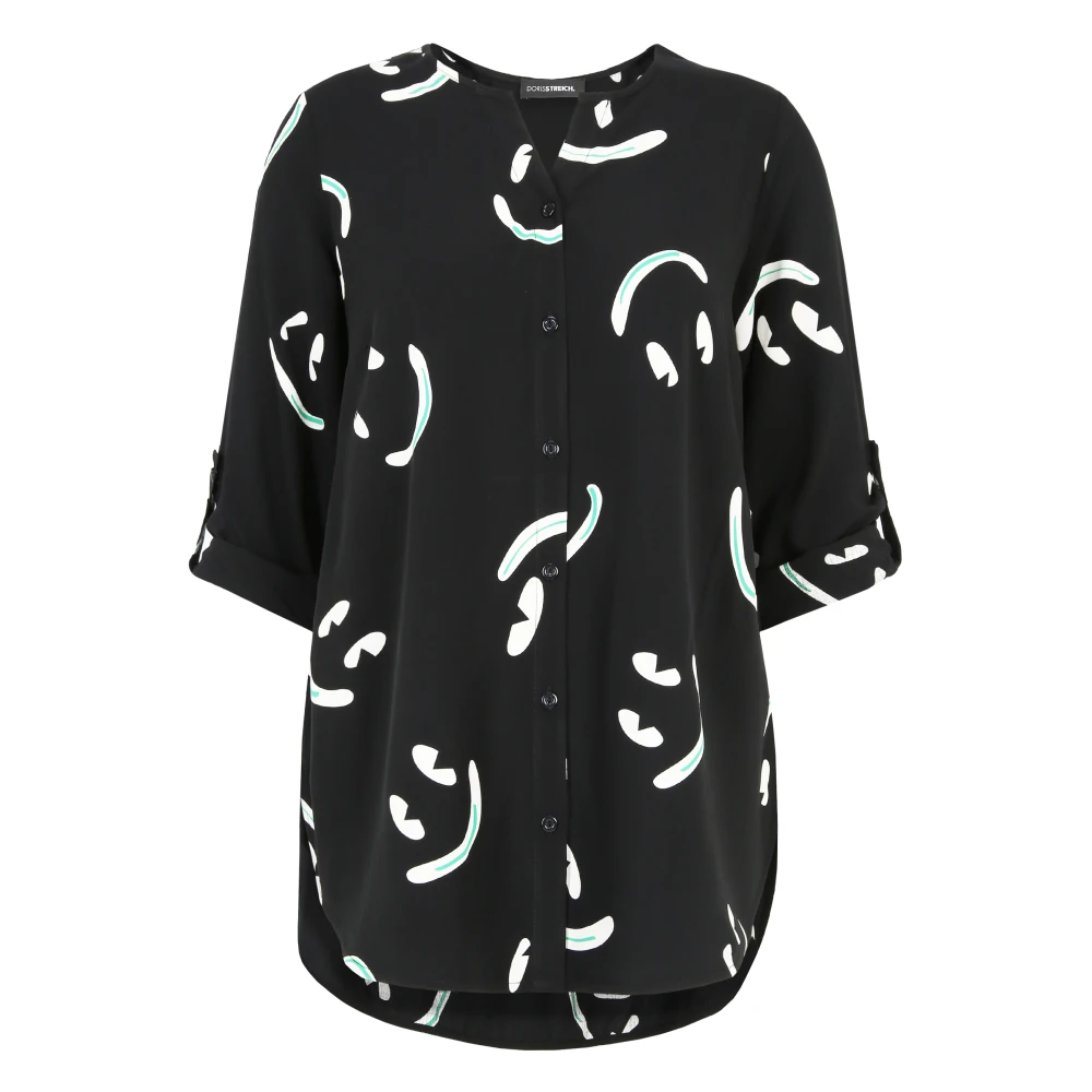Doris S Smiley Print Lange Blouse met Groene Accents Black Dames