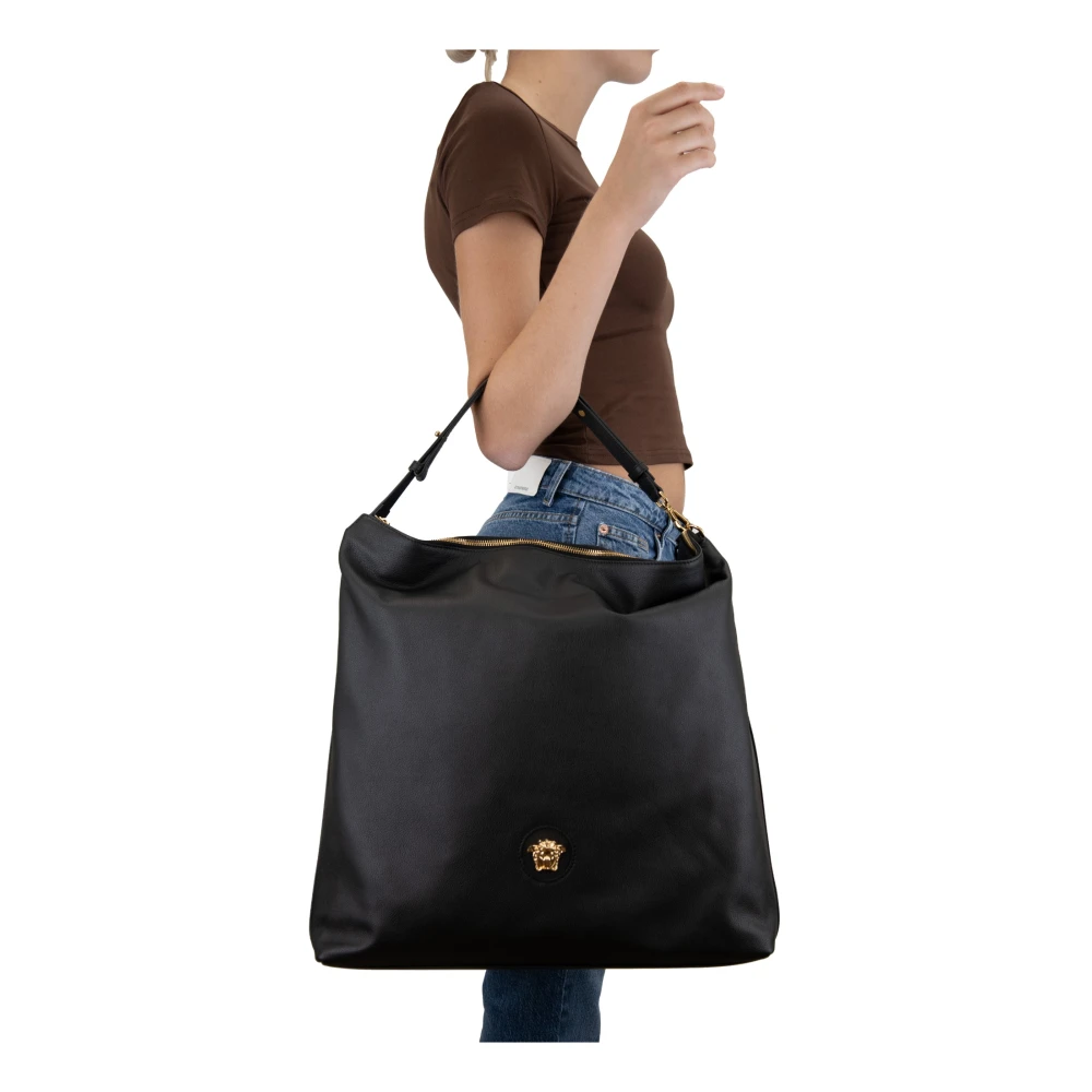 Versace Leren schoudertas met gouden logo Black Dames