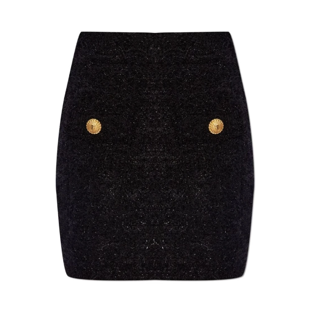 Balmain Svart Tweed Mini Kjol med Guld Detaljer Black, Dam