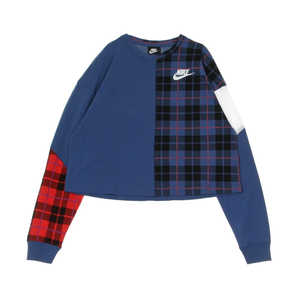 Nike Plaid Mystic Navy White Long Sleeve Top Multicolor Dames