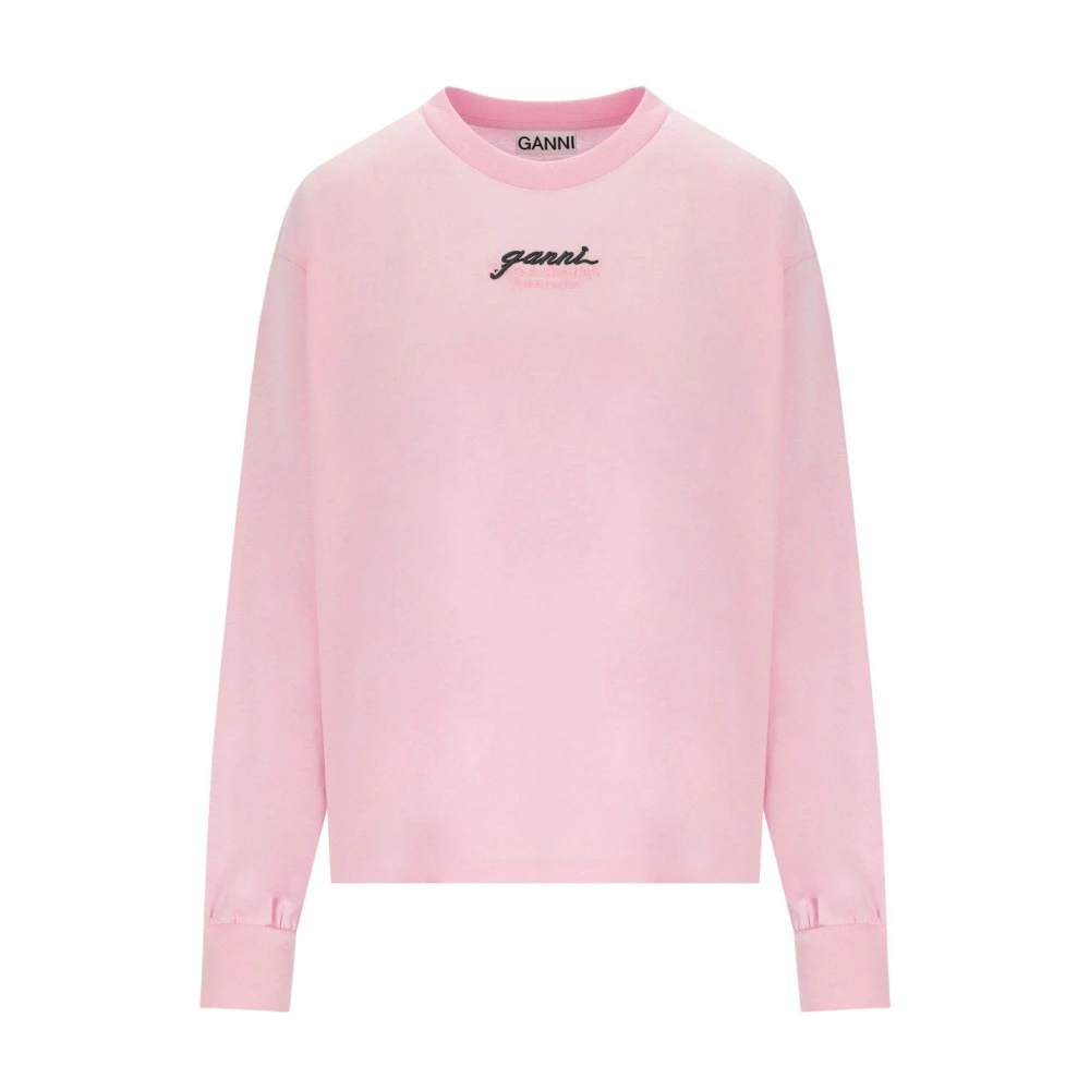 Ganni , Long Sleeve T-Shirts, Female, Pink, Xs, Long-Sleeved Cotton T-Shirt