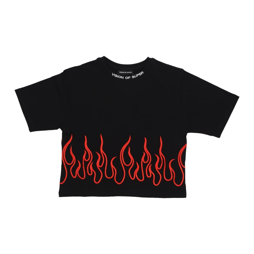 Vision Of Super Women's Black/Red Embroide Flames Crop Tee
