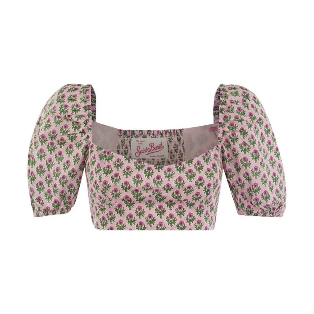 Mc2 Saint Barth Damen Rosa Floral Print Puff Sleeve Crop Top