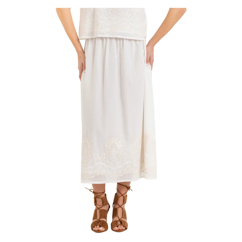 Kocca Women's White Embroidered Cotton Midi Skirt - Midi Skirts - S- Skirts