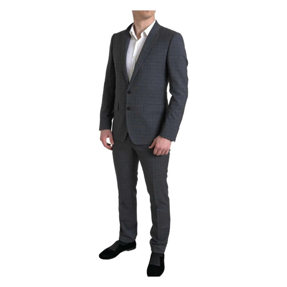 Dolce & Gabbana Elegant Grijs Geruit Slim Fit Pak Gray Heren