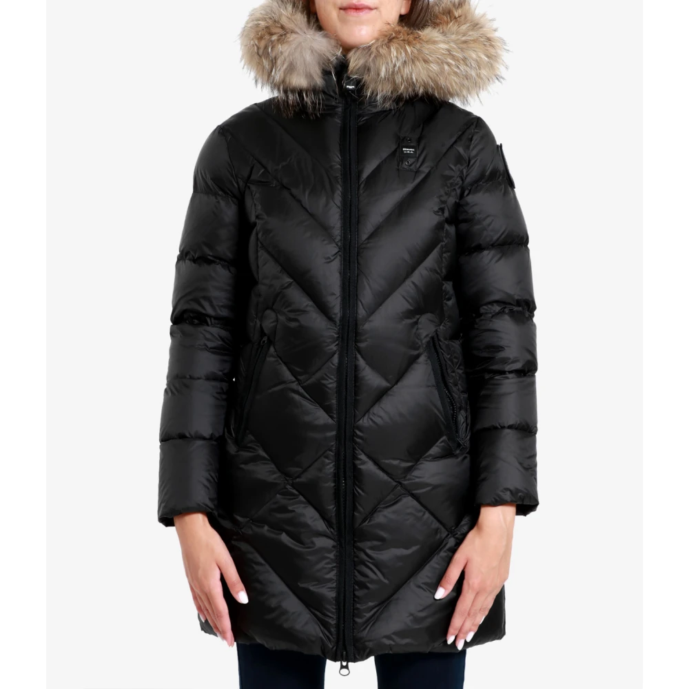 Blauer Technische Stof Lange Jas met Bont Black Dames