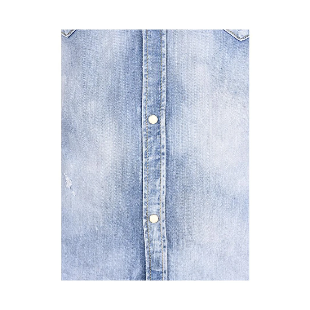 Dsquared2 Blauwe Denim Overhemd met Versleten Effect en Drukknopen Blue Heren