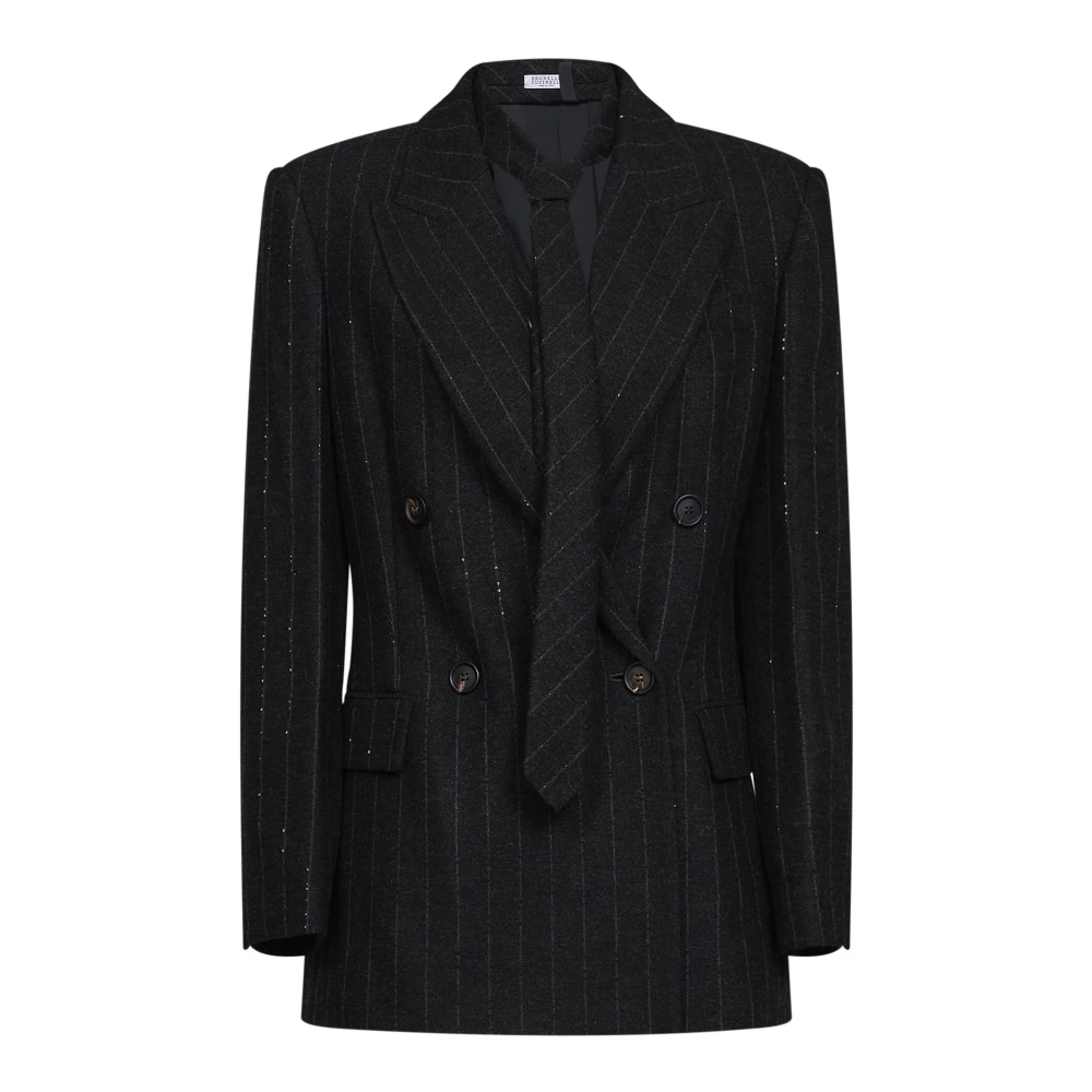 Brunello Cucinelli Sequined Pinstriped Blazer - Female - Blazers - Gray - S - Jackets