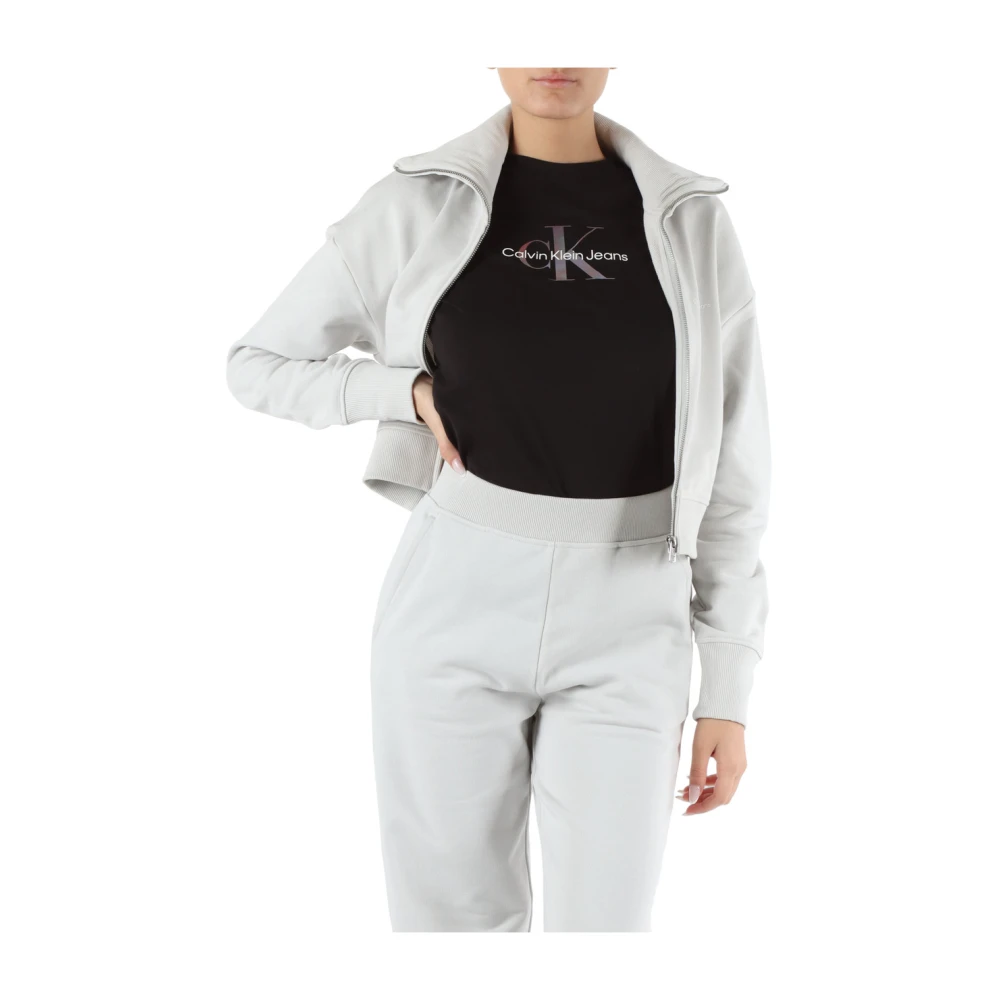 Calvin Klein Jeans Cropped Katoenen Sweatshirt Rits Logo Geribbeld Gray Dames