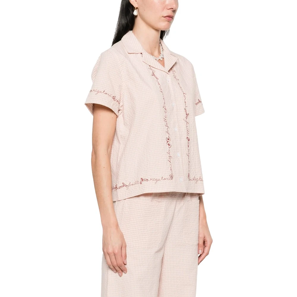 Maison Labiche Gingham Camp Kraag Korte Mouw Shirt Beige Dames