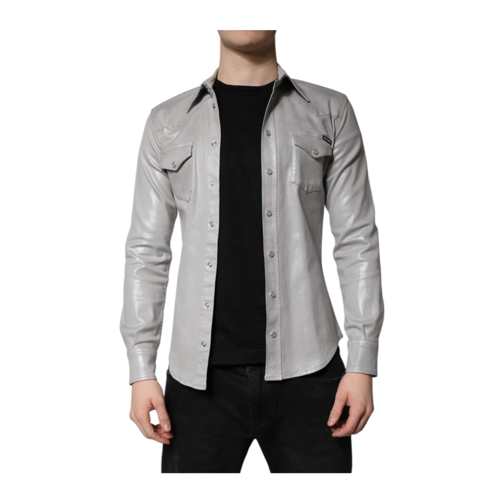 Dolce & Gabbana Men's Gray Metallic Button Down Shirt With Logo - Casual Shirts - S - Shirts