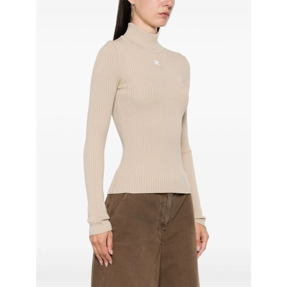 Courrèges Beige Ribgebreide Trui met Logopatch Beige Dames