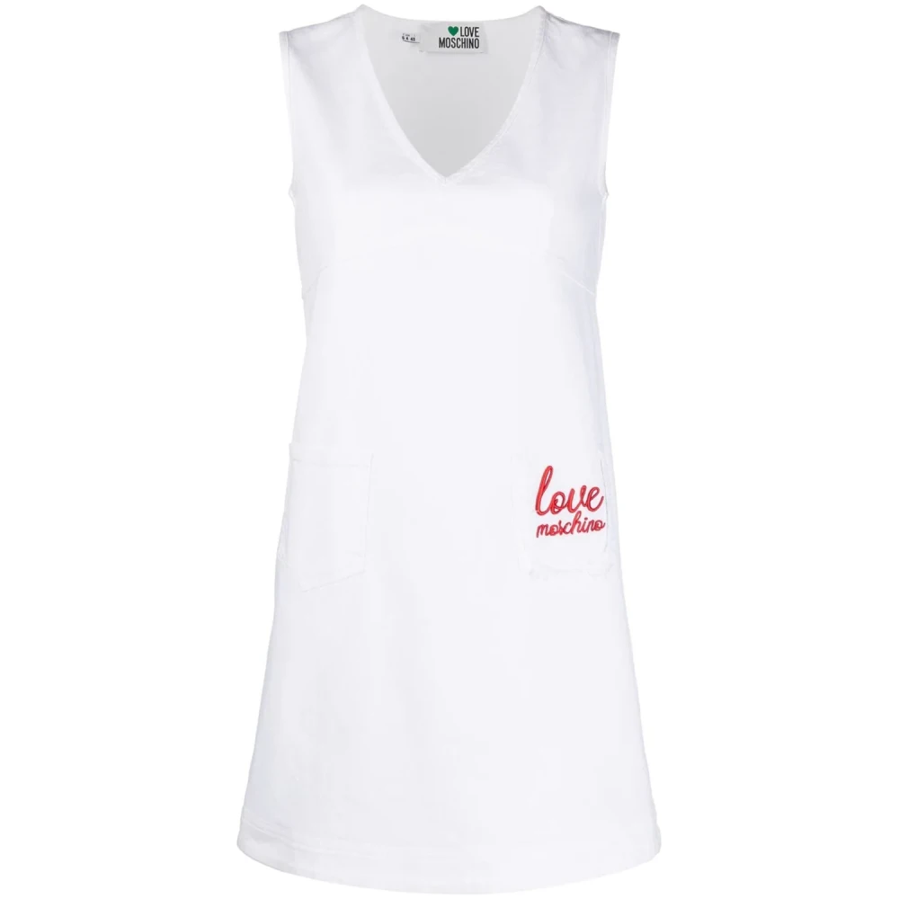 Love Moschino Rode Logo Geborduurde A-Lijn Jurk White Dames