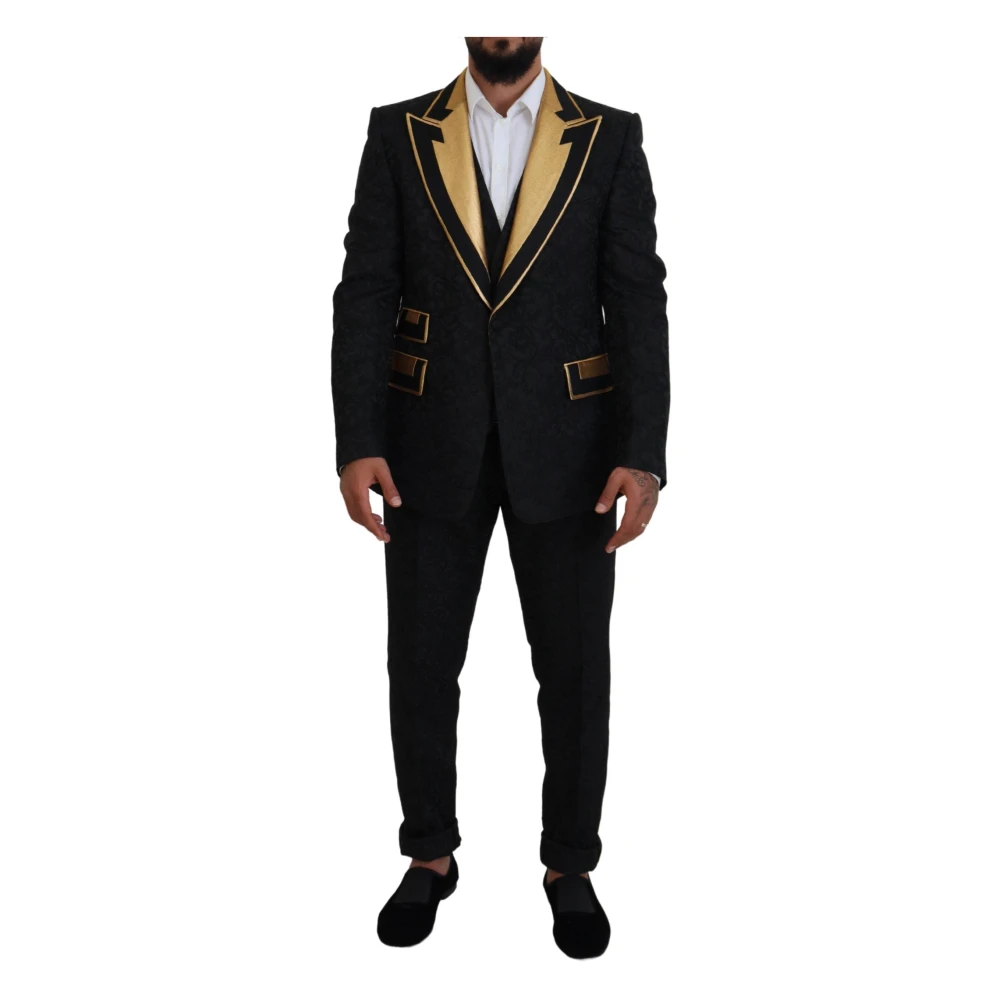 Dolce & Gabbana Men's Black Single Breasted Suits, S, Elegant & Gold Slim Fit 3 Piece Suit