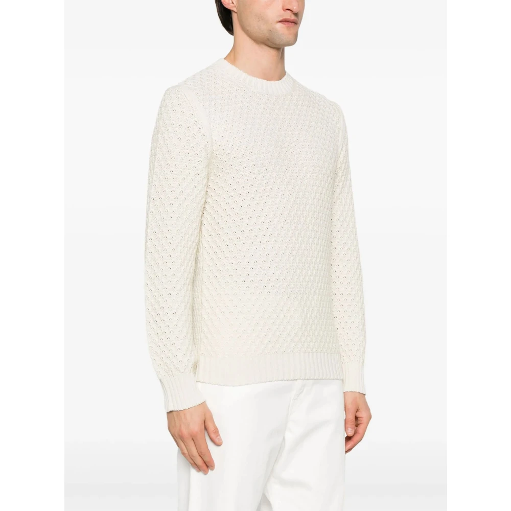 Canali Amandel Katoenen Trui Geribbelde Ronde Hals Beige Heren