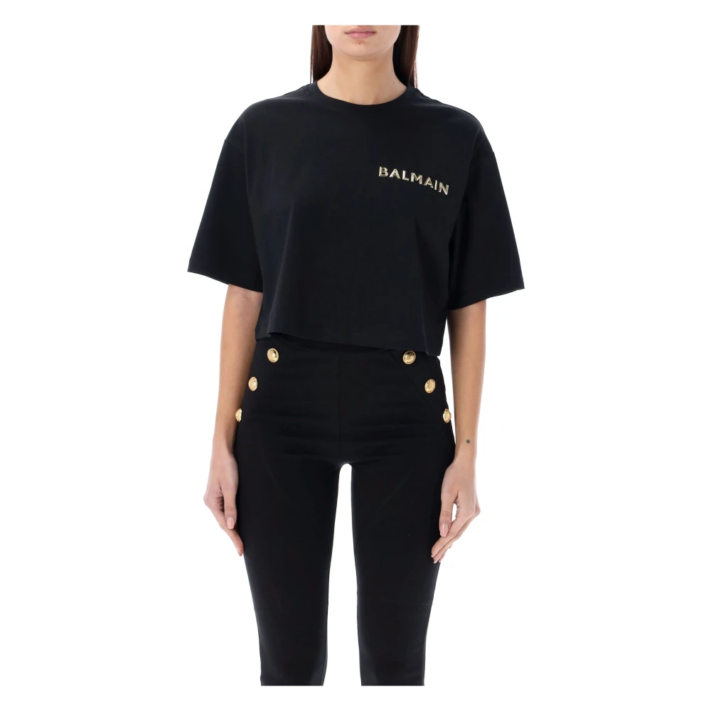 Balmain Cropped T-Shirt met Metallic Logo Black Dames