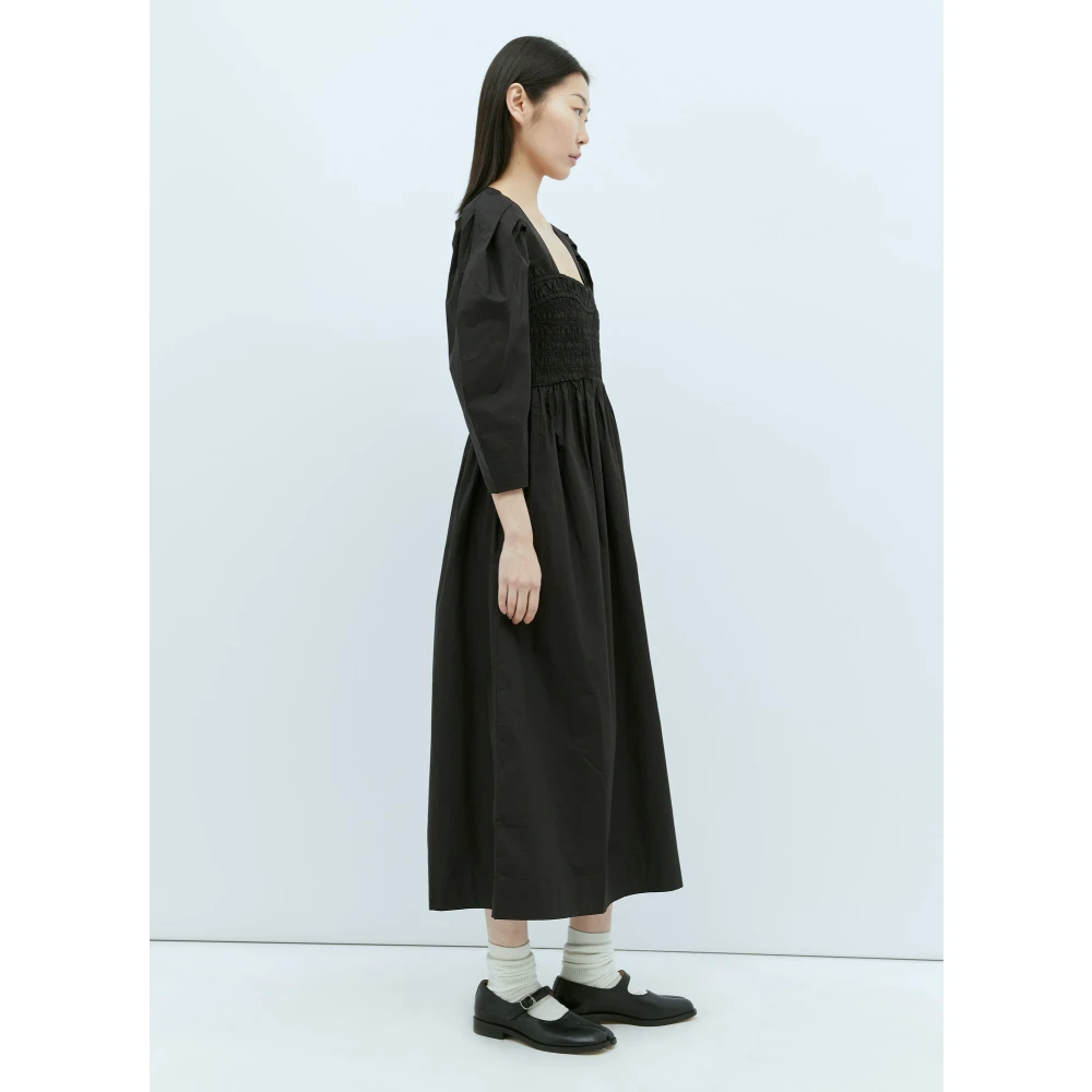 Ganni Open-Hals Midi Jurk met Ballonmouwen Black Dames