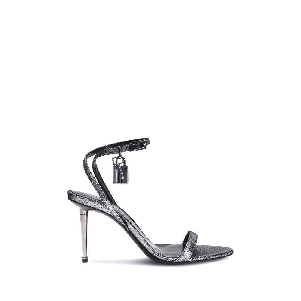 Tom Ford Women's Gray Padlock Sandals With Metal Stiletto Heel