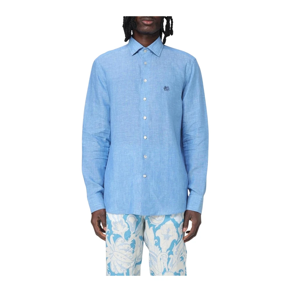 Etro Uomo Blu Camicia Classica In Lino