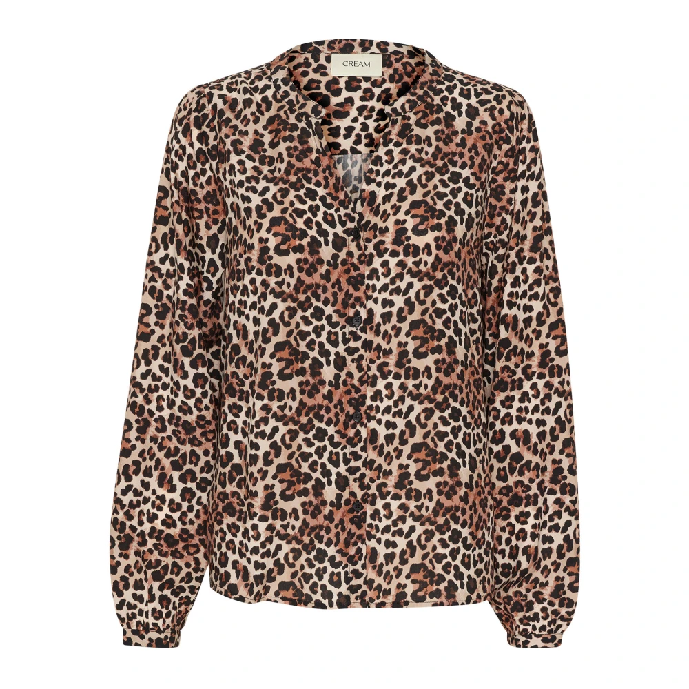 Cream Luipaardprint Pofmouw Blouse Brown Dames