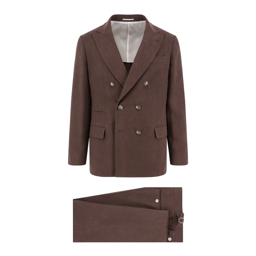 BRUNELLO CUCINELLI Linnen pak met dubbele rij knopen en peak revers Brown Heren