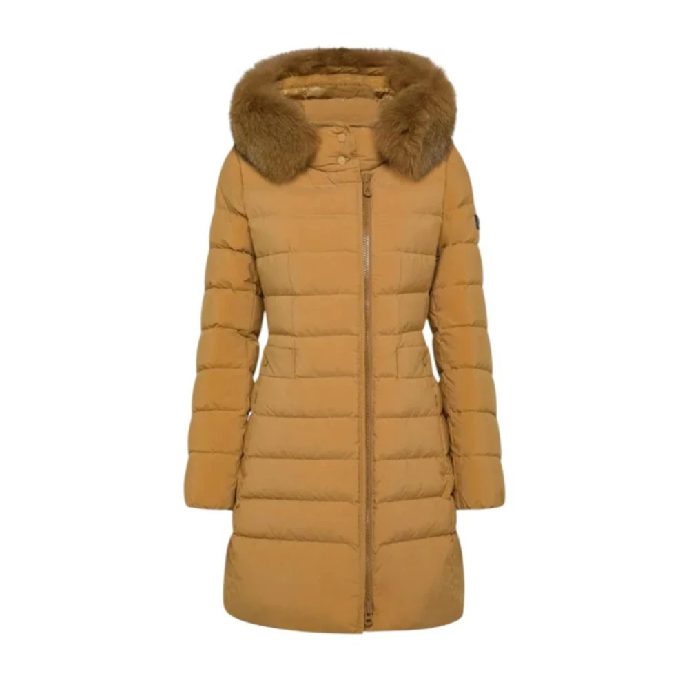 Peuterey Women's Brown Long Down Jacket With High Collar And Seriola Fur