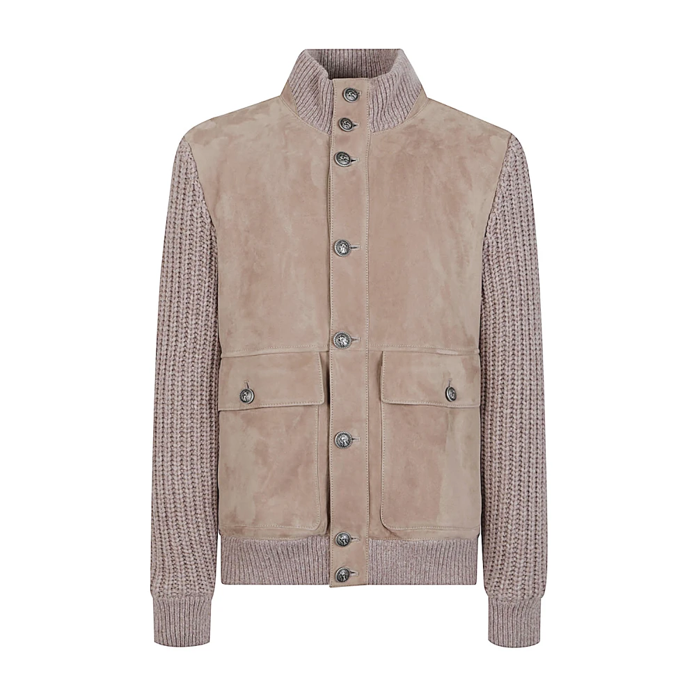 Brunello Cucinelli Men's Beige Suede Bomber Jacket With Knitted Sleeves