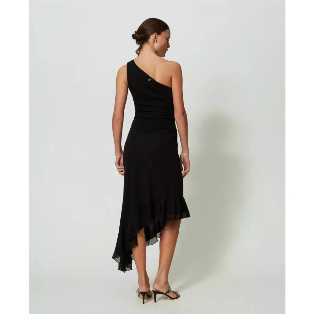 Twinset Asymmetrische Midi Jurk met Georgette Ruche Black Dames