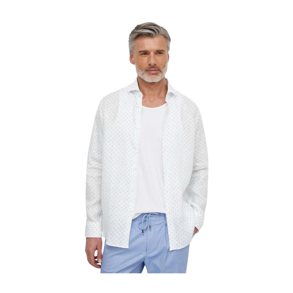 Boss Linnen Overhemd Blauw Gepatroneerd White Heren