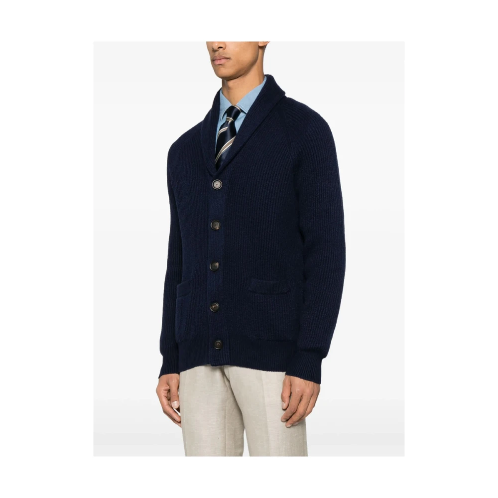 BRUNELLO CUCINELLI Blauwe Oxford Sweater met Voorknoppen Blue Heren