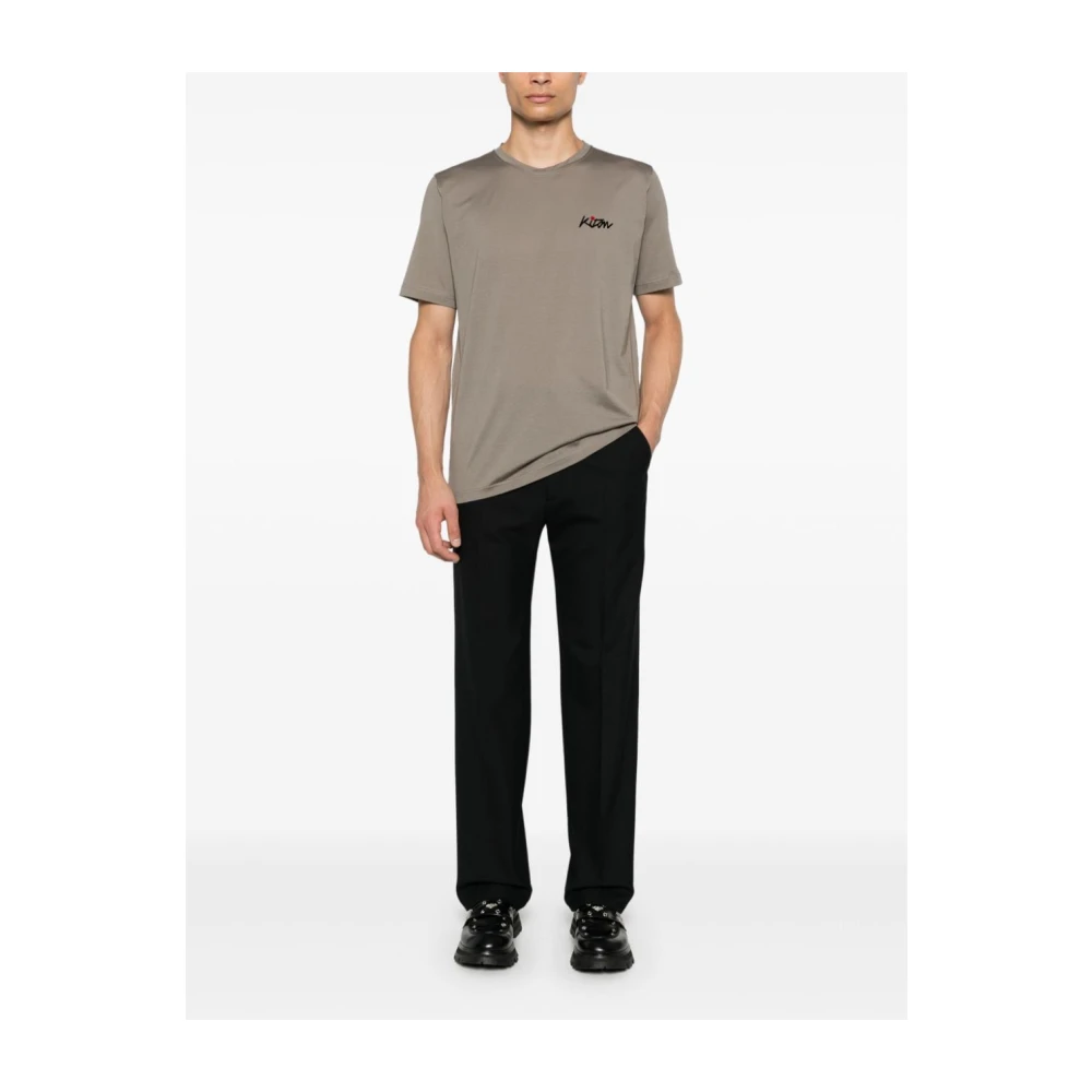 Kiton Grijze Flocked Logo Crew Neck T-shirt Gray Heren