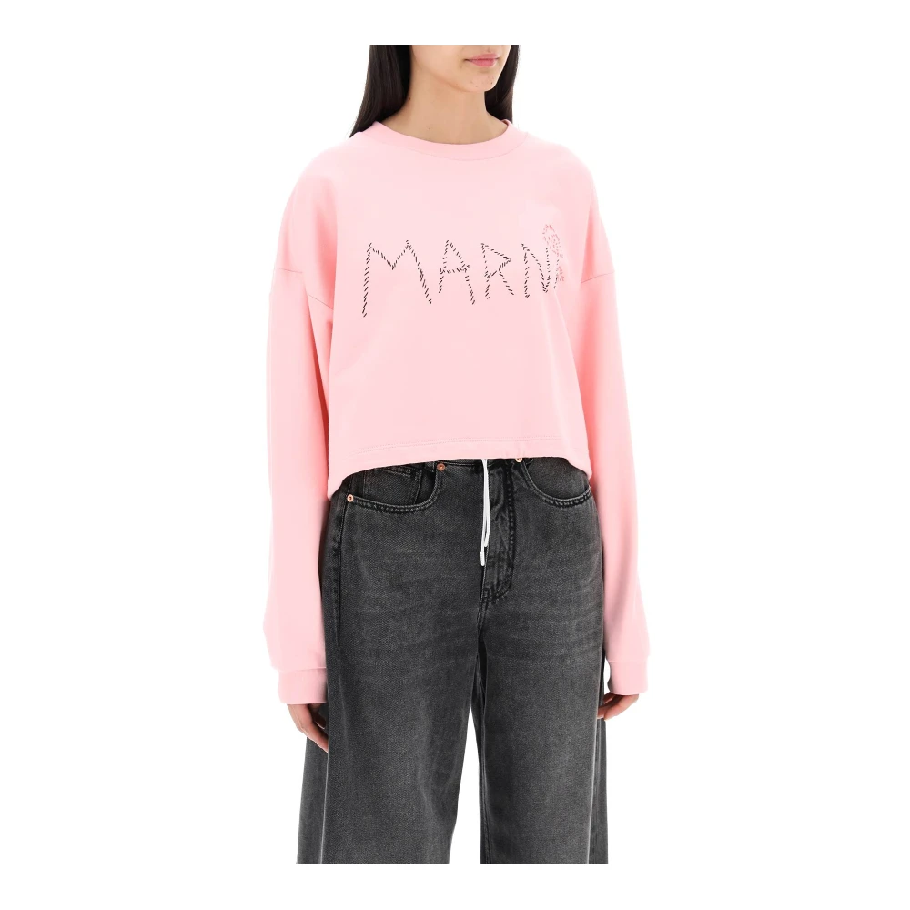 Marni Boxy Logo Sweatshirt met Bloemenborduursel Pink Dames
