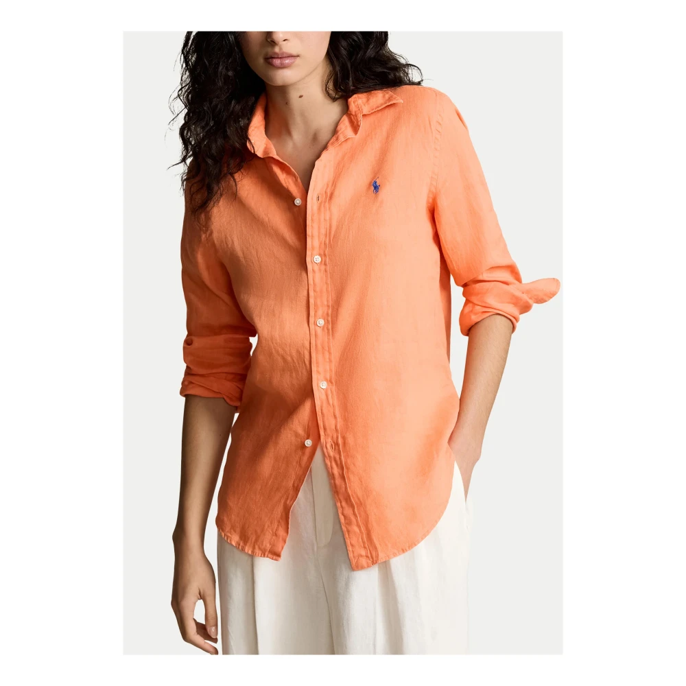 Ralph Lauren Oranje Linnen Overhemd Logo Borst Orange Dames