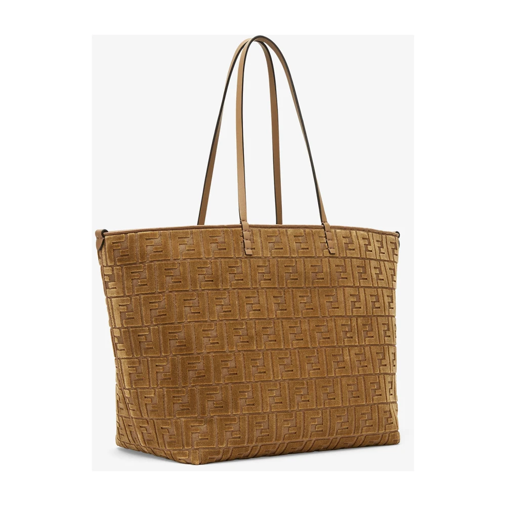 Fendi Velvet Jacquard Handtas met Kalfsleren Handvatten Beige Dames