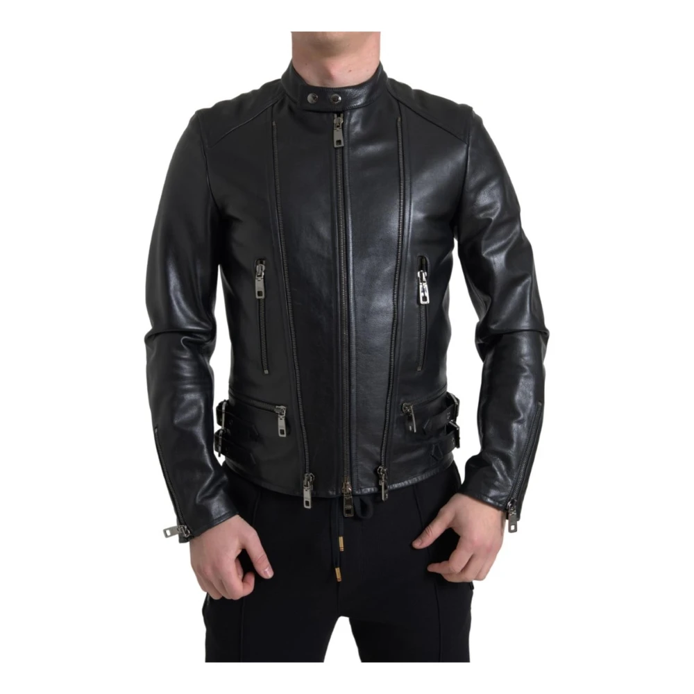 Dolce & Gabbana Men's Black Leather Jackets,, Leather Zipper Jacket For Men Medium