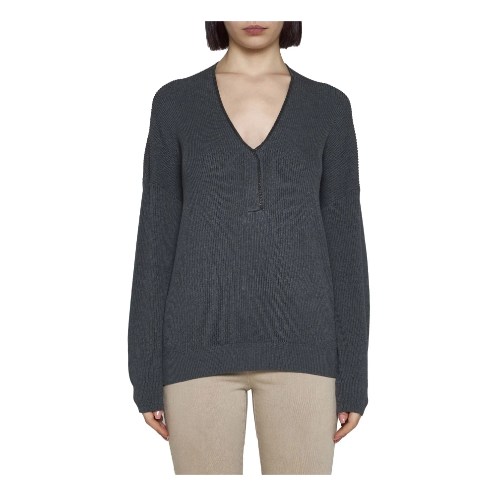 BRUNELLO CUCINELLI Grijze Trui V-Hals Stijl Gray Dames