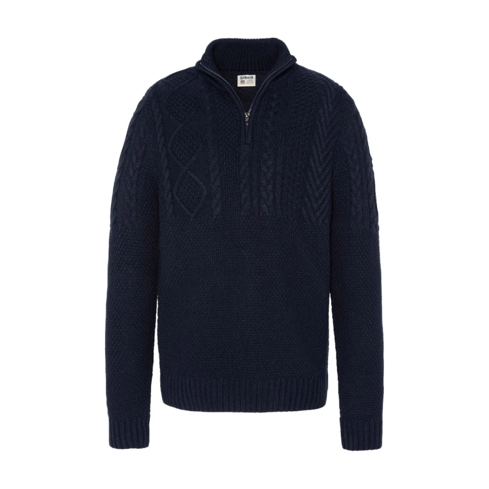 Schott NYC Gebreide Zip-Up Trui met Gedraaid Patroon Blue Heren