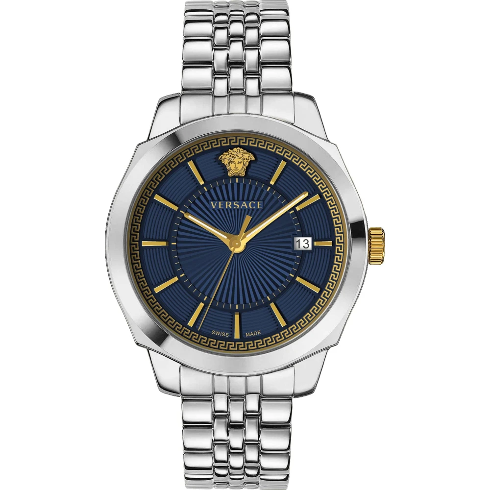 Versace Men's Gray Watches, One Size, Icon Classic Blue Stainless Steel Watch