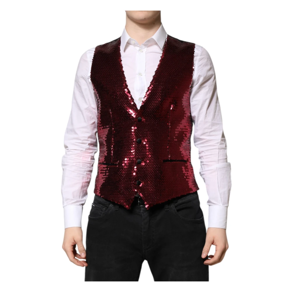 Dolce & Gabbana Men's Red Sequined Formal Waistcoat Vest