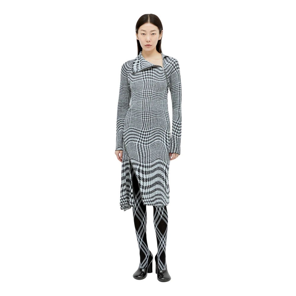 Burberry Women's Gray Midi Dresses, S, Asymmetric Collar Houndstooth Midi Dress