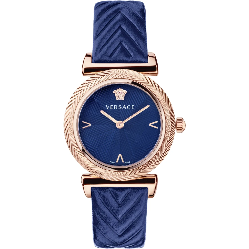 Versace Pink Watches, Female, One Size, V-Motif Ladies Watch Rosegold Blue Leather