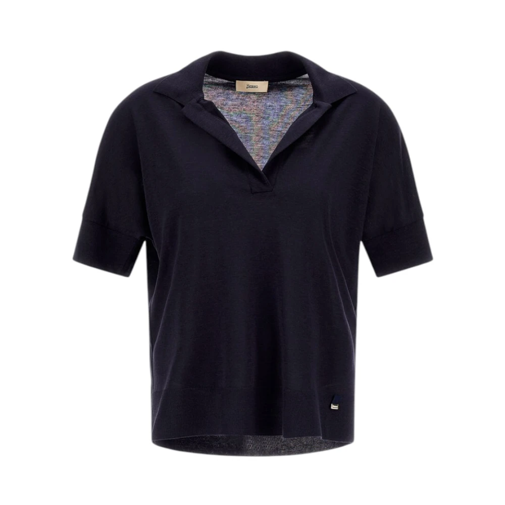Herno Vrouw Blauw Tops Dames, L, Katoen, Jersey Katoen-Lyocell Polo Met Geribbelde Details
