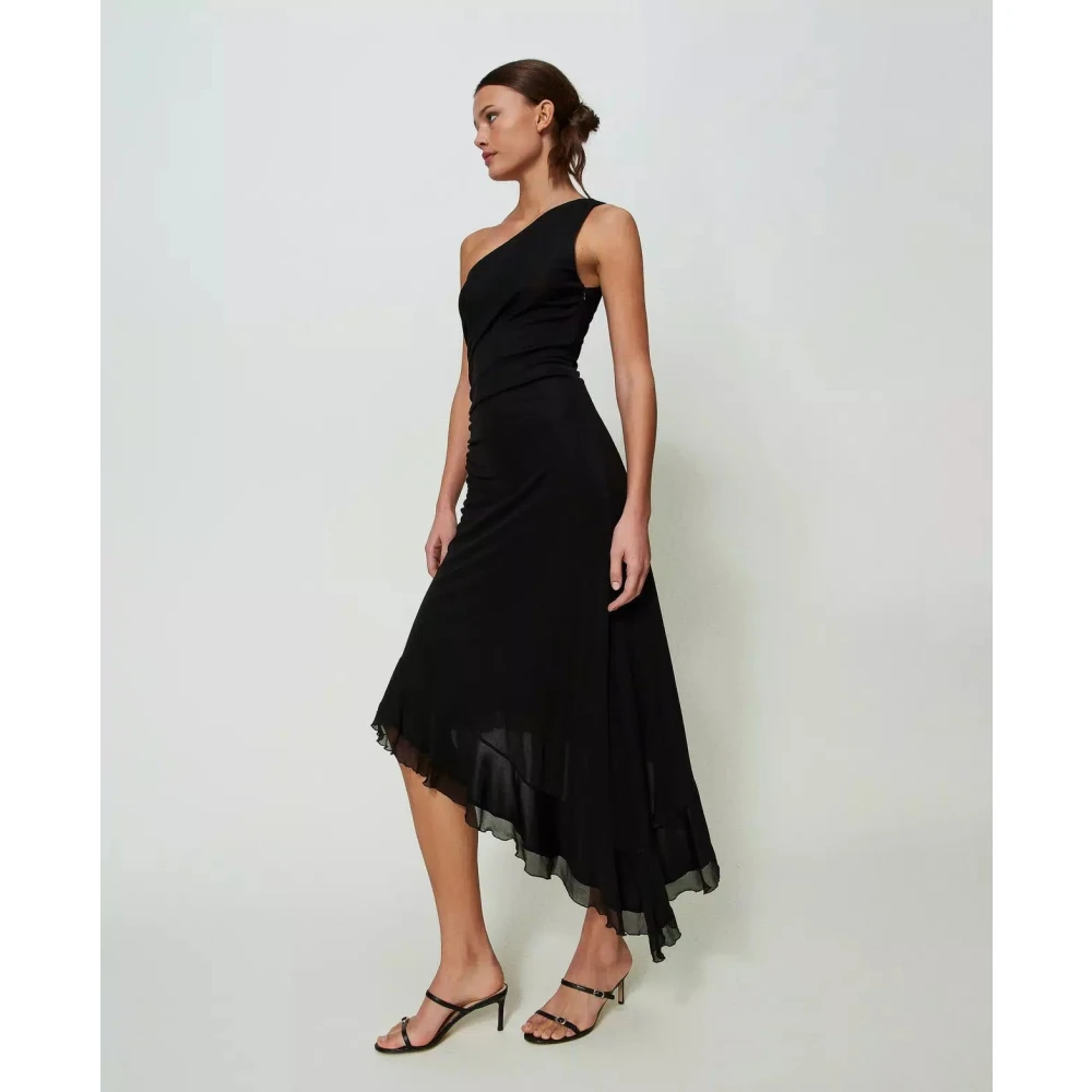 Twinset Asymmetrische Midi Jurk met Georgette Ruche Black Dames